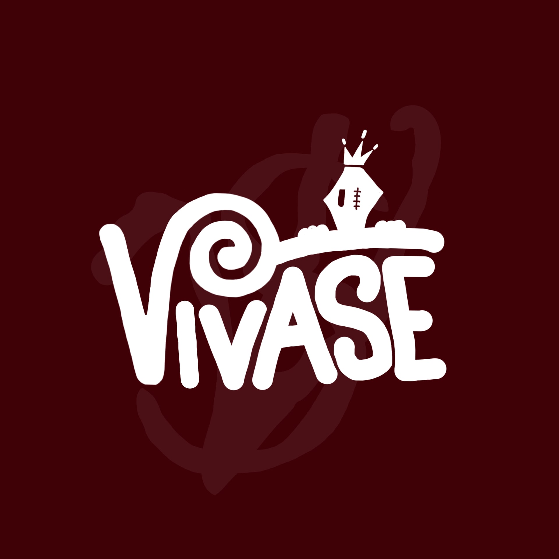 The Vivase logo, hand-drawn: the letters VIVASE in white on deep red, with a spiral curling out of the V and a small crowned figure above the S.